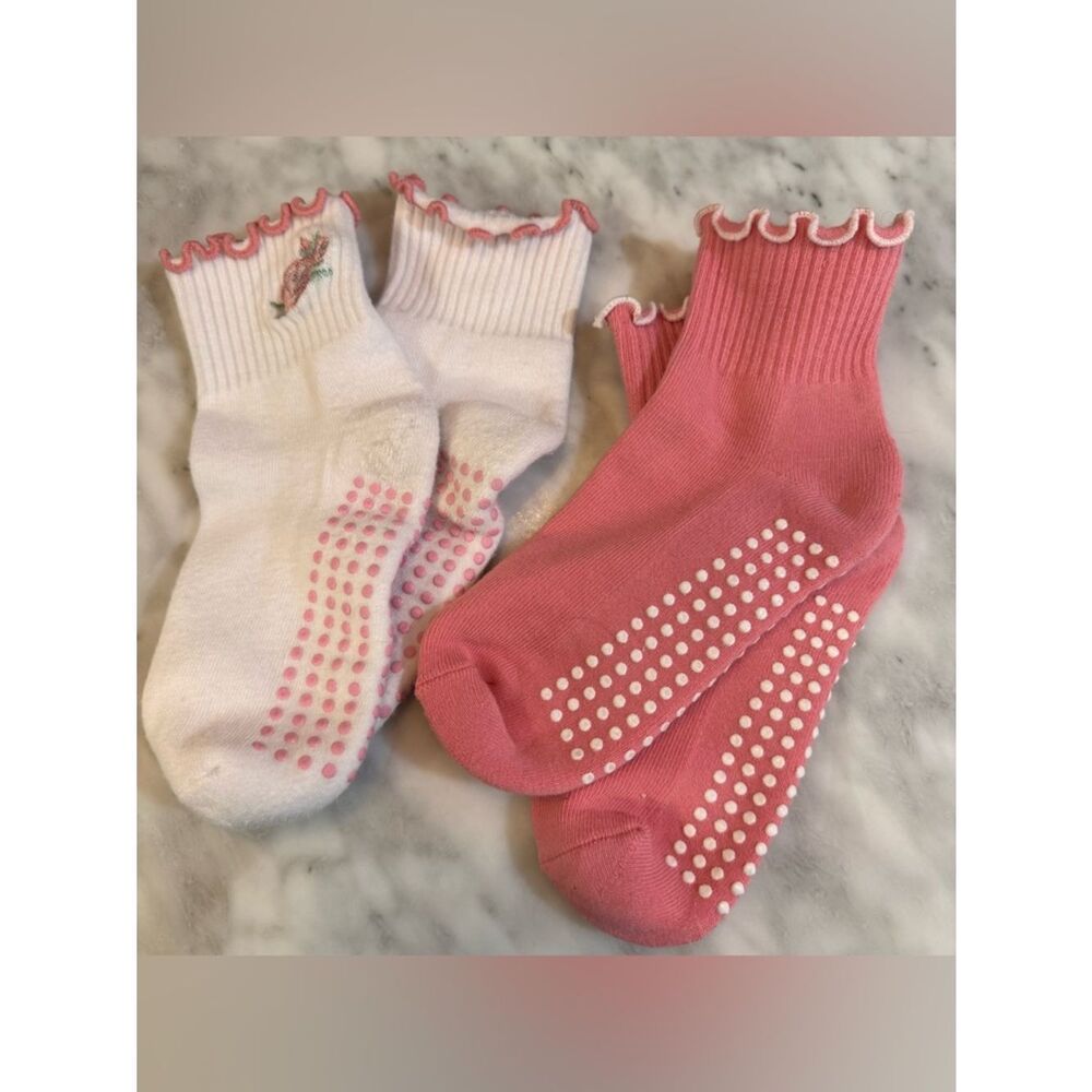 Girls Ruffle-Trim Non-Slip Socks - Pink & White